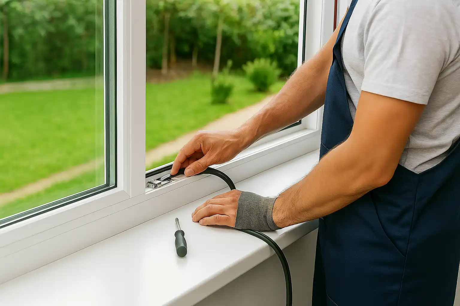 Monteur tauscht Fensterdichtung